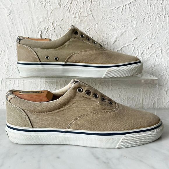 Sperry Top-Sider Tan Canvas Laceless Slip-On Sneakers Plaid Trim Men's 9.5 - Picture 1 of 7